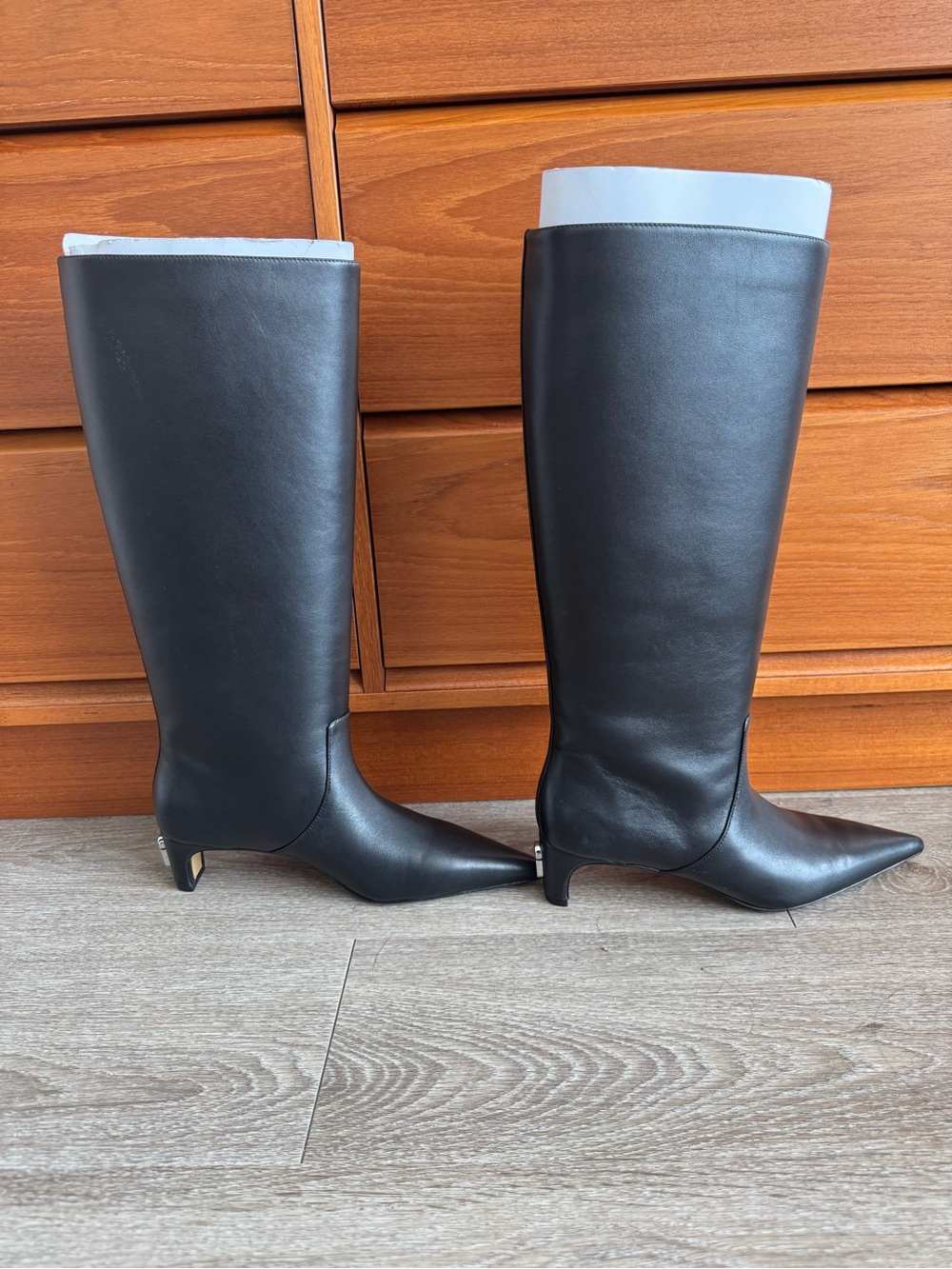 Marc Jacobs Black Pointed-Toe Knee Boots with Gold Accent Heel